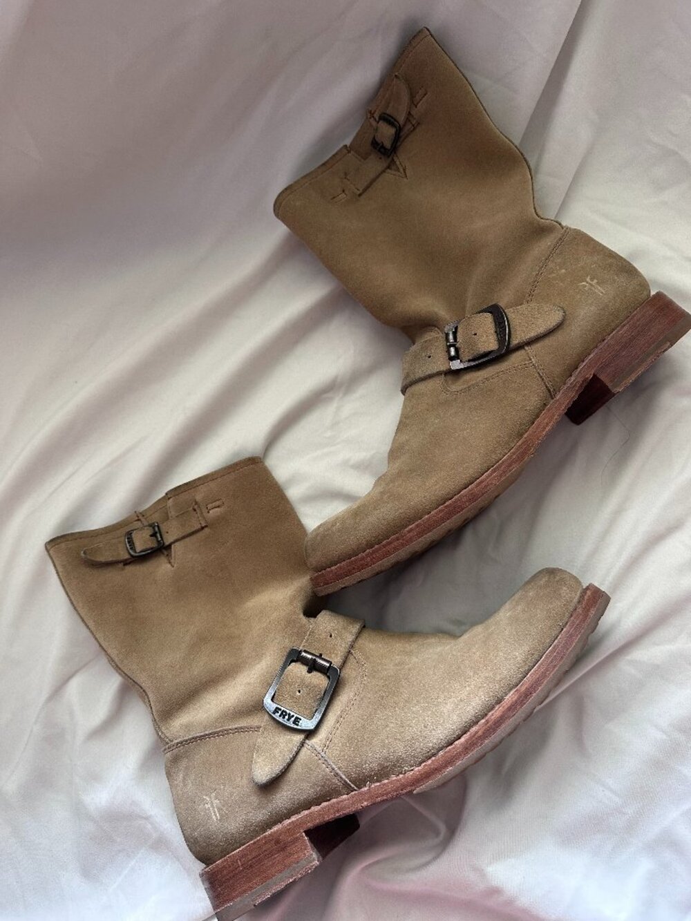 FRYE Natalie Short Engineer Camel Suede Moto Buckle Boots 8.5
